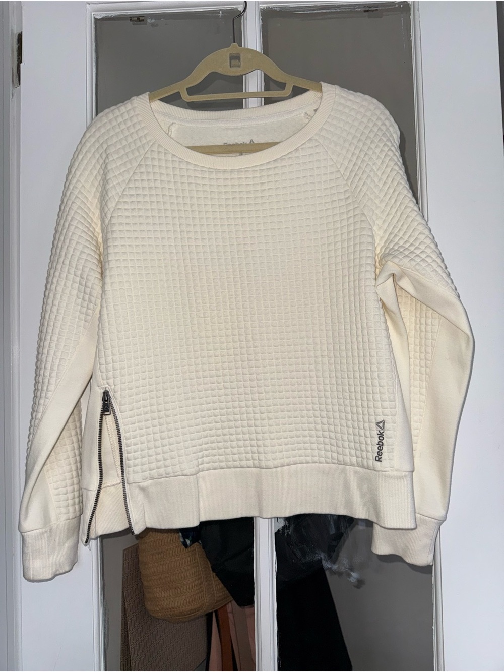Reebok Women's Cream Quilted Crewneck Sweatshirt with Side Zip